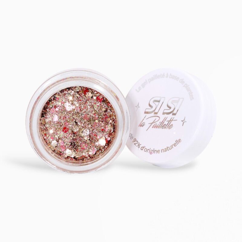 Gel Pailleté Vegas Bébé dans un pot ouvert, paillettes multicolores visibles