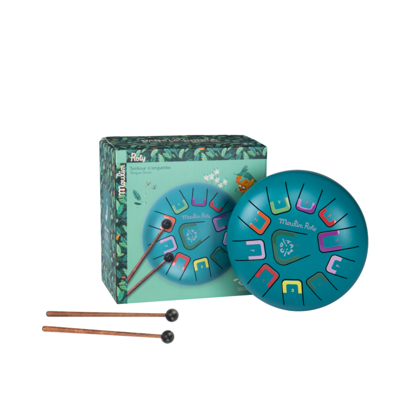 Tambour à languettes Dans la jungle avec motifs colorés et deux baguettes