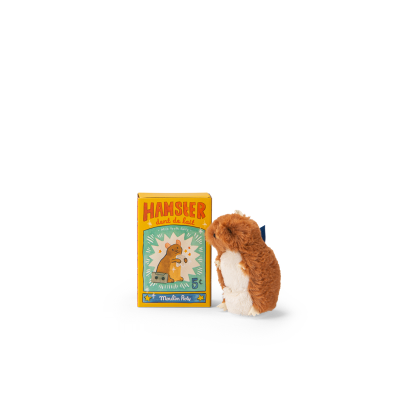 Hamster dent de lait Puce & Pilou avec boîte colorée, jouet en peluche