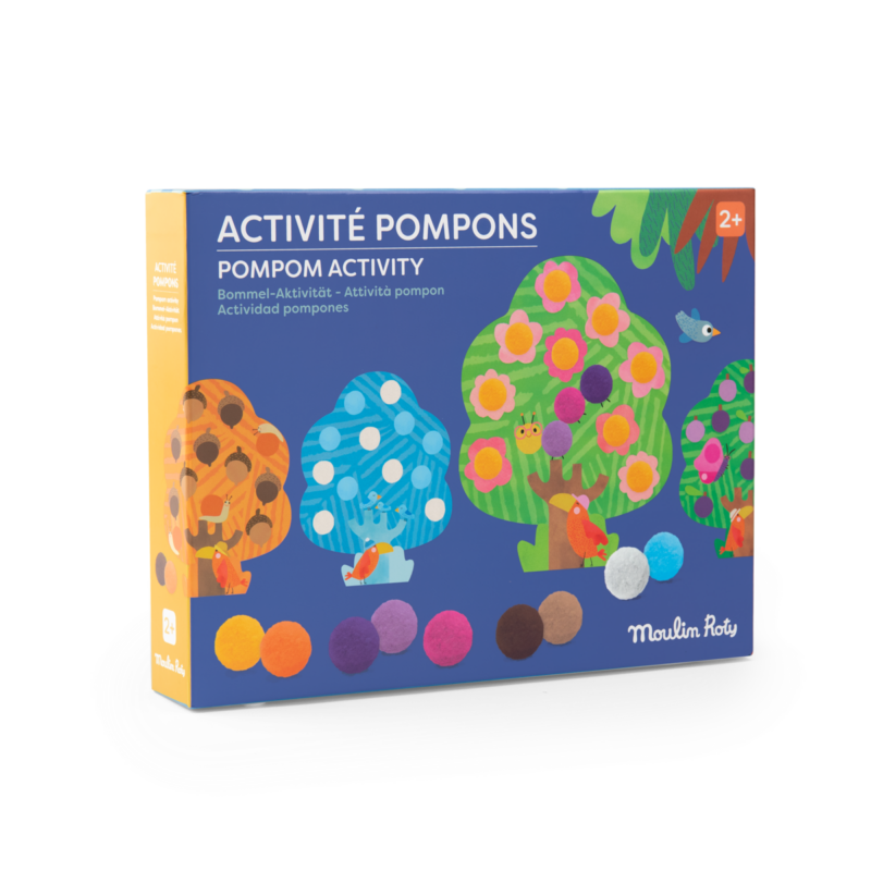 Activité Pompons Arbres - Les Toupitis, boîte colorée avec arbres et pompons.