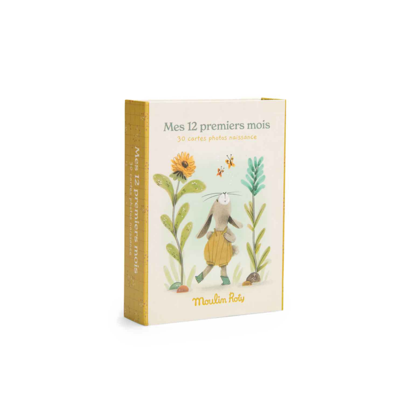 Cartes Mes 12 Premiers Mois - Trois Petits Lapins, boîte illustrée avec un lapin et des fleurs