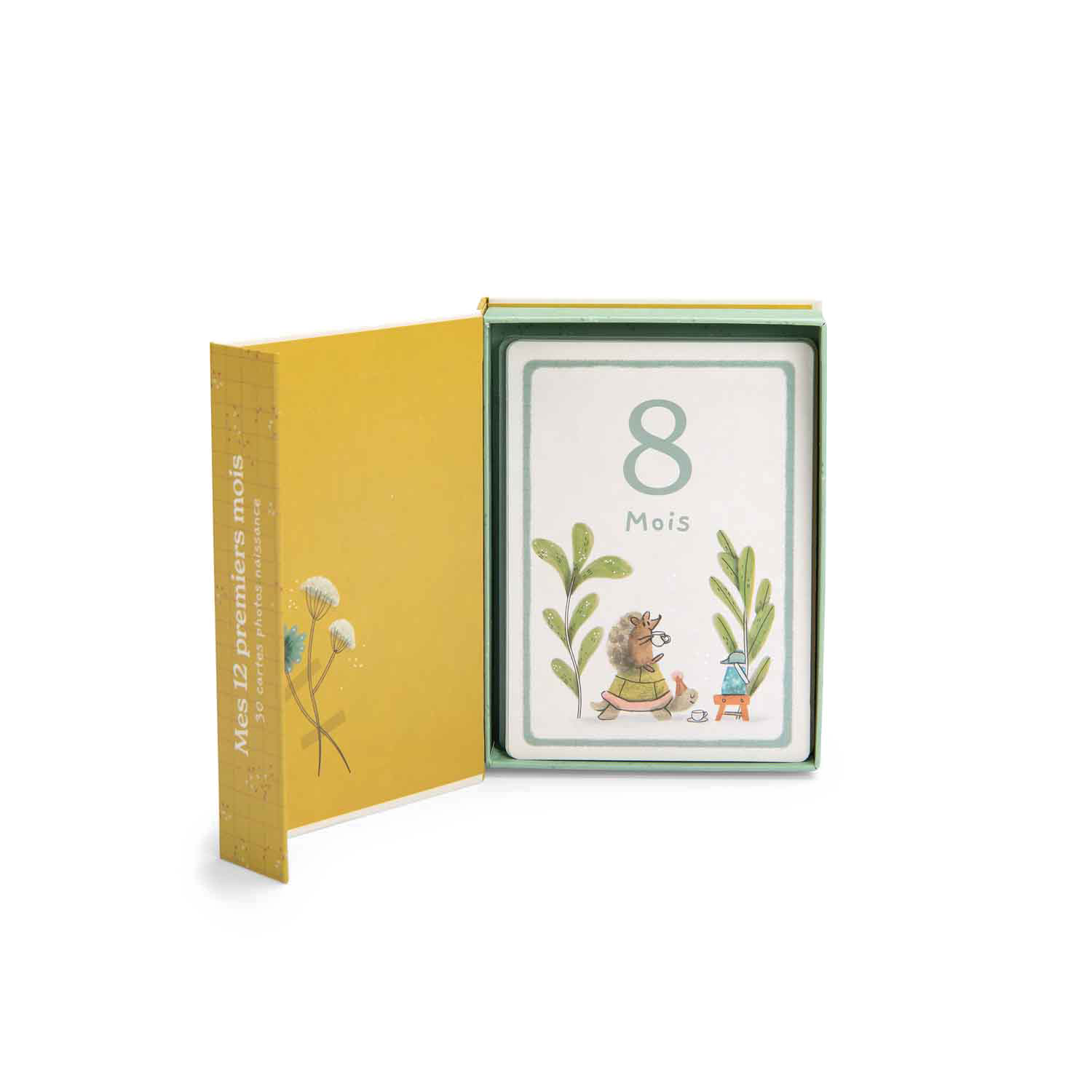 Cartes Mes 12 Premiers Mois - Trois Petits Lapins, boîte ouverte avec carte 8 mois, illustration mignonne