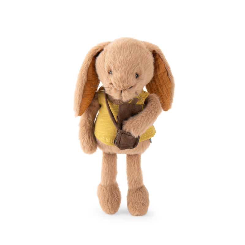 Peluche Lapin Jojo en peluche douce avec un gilet jaune et sac à bandoulière.