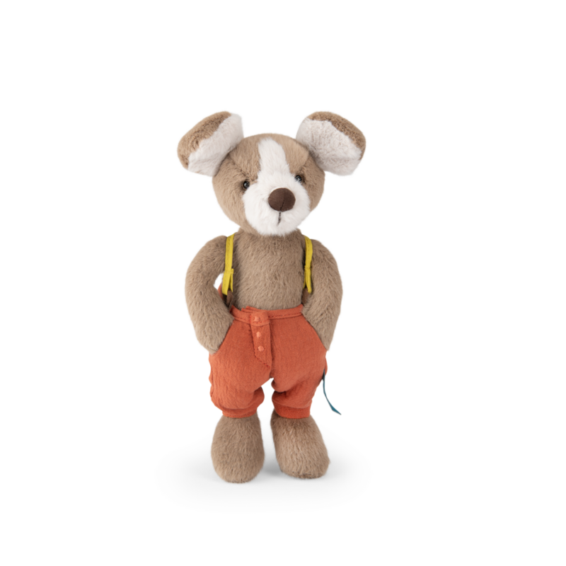 Peluche Petit Chien Jack - La bande à Jojo, chien en peluche avec salopette orange