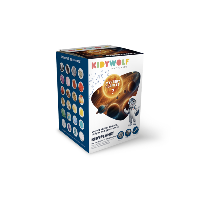 KIDYPLANET - Boîte mystère planète à creuser, boîte colorée avec illustrations planétaires