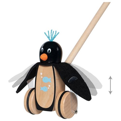 Jouet à pousser Pablo le pingouin Goki, pingouin en bois avec ailes mobiles