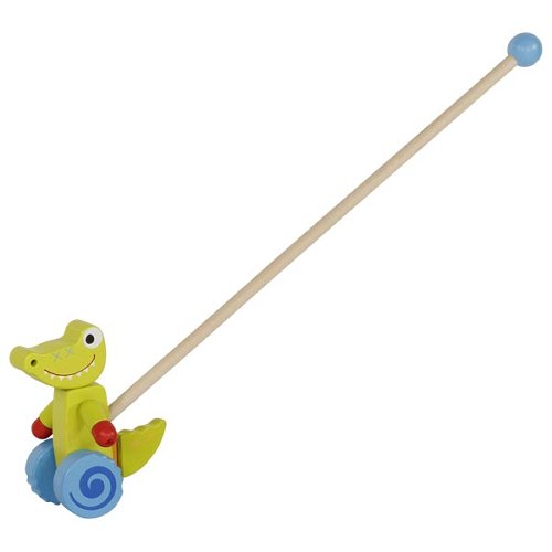Animal à pousser crocodile Goki en bois avec roues bleues, jouet enfant