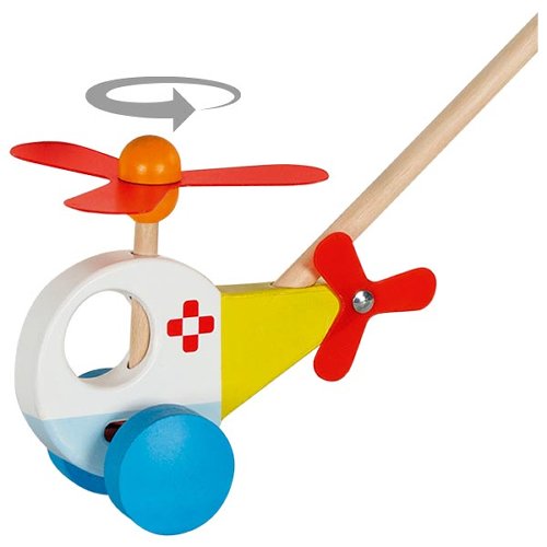 Véhicule à pousser Hélicoptère en bois coloré avec hélices rouges et roues bleues