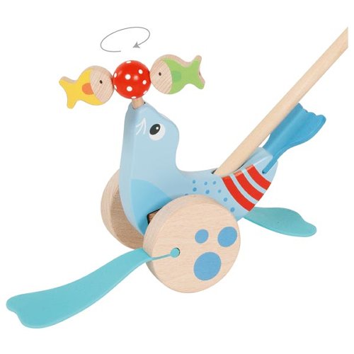 Animal à pousser Otarie Goki en bois avec poissons colorés, jouet éducatif