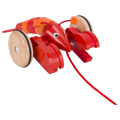 Animal à tirer homard Rüdiger Goki en bois rouge avec roues en bois, jouet enfant