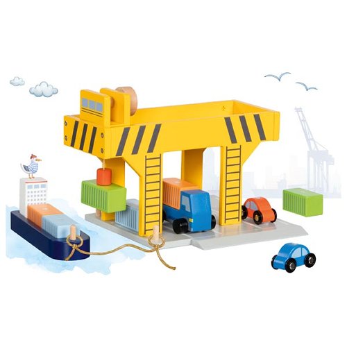 Grue portuaire en bois Goki avec véhicules et conteneurs colorés, jouet éducatif