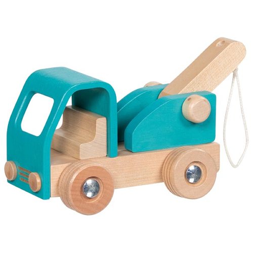Dépanneuse en bois Goki, jouet éducatif coloré avec crochet fonctionnel.