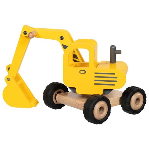 Pelleteuse en bois Goki, jouet jaune avec bras articulé et roues robustes.