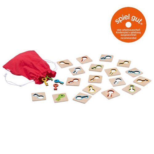 Mémo Trouve la clé : jeu éducatif avec cartes en bois et sac rouge, recommandé.