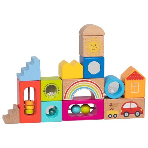 Blocs d'exploration Goki colorés avec formes variées et motifs ludiques.