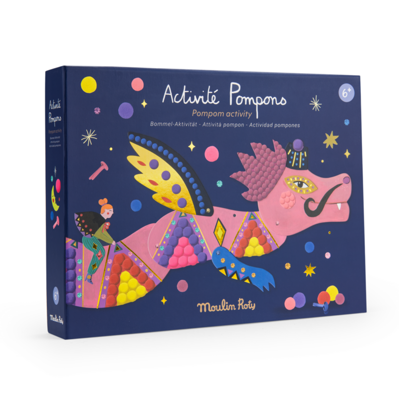 Activité Pompons Dragon - Les Comètes Filantes, boîte colorée avec dragon en pompons